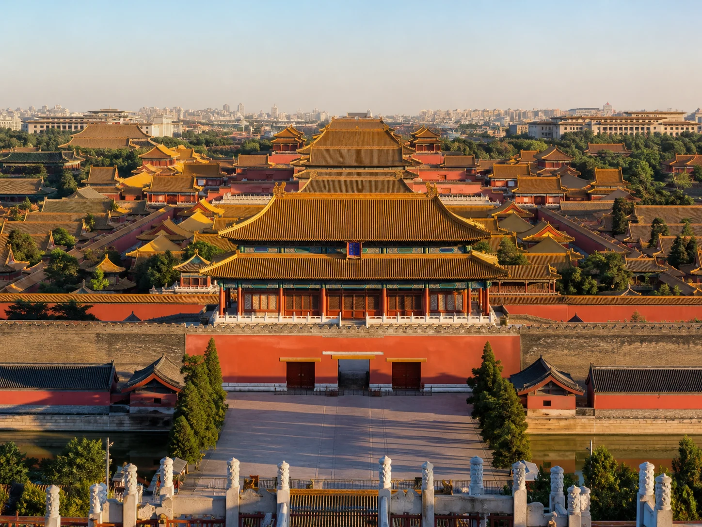 Aerial view across the Forbidden City roofscape in Beijing