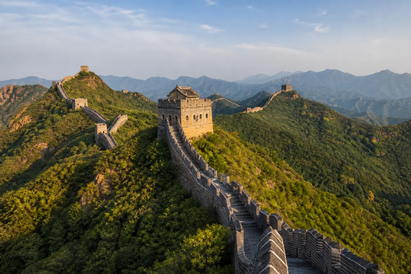 Great Wall watchtowers following an autumn mountain ridge