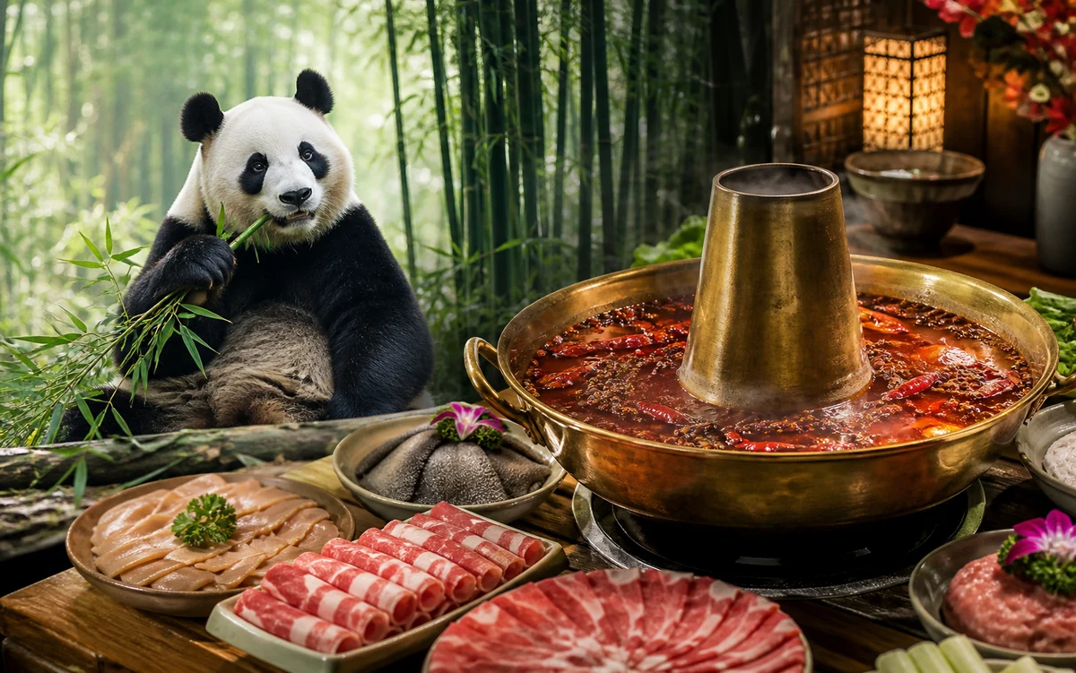 A giant panda in bamboo beside a Chengdu-style hotpot spread