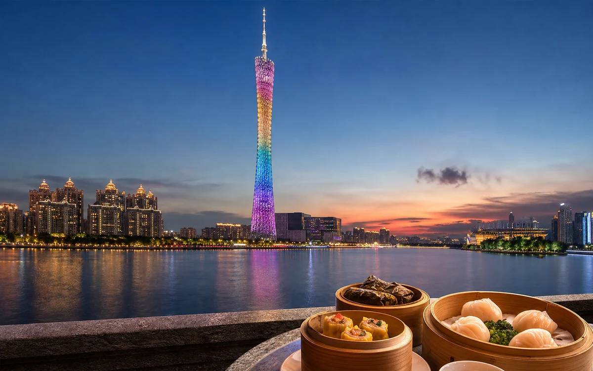Canton Tower above the Pearl River with Cantonese dim sum