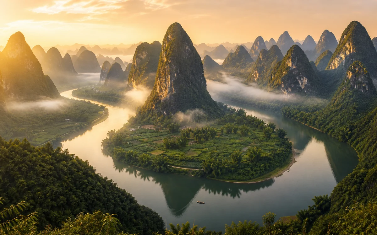 The Li River curving between spectacular Guilin and Yangshuo karst peaks