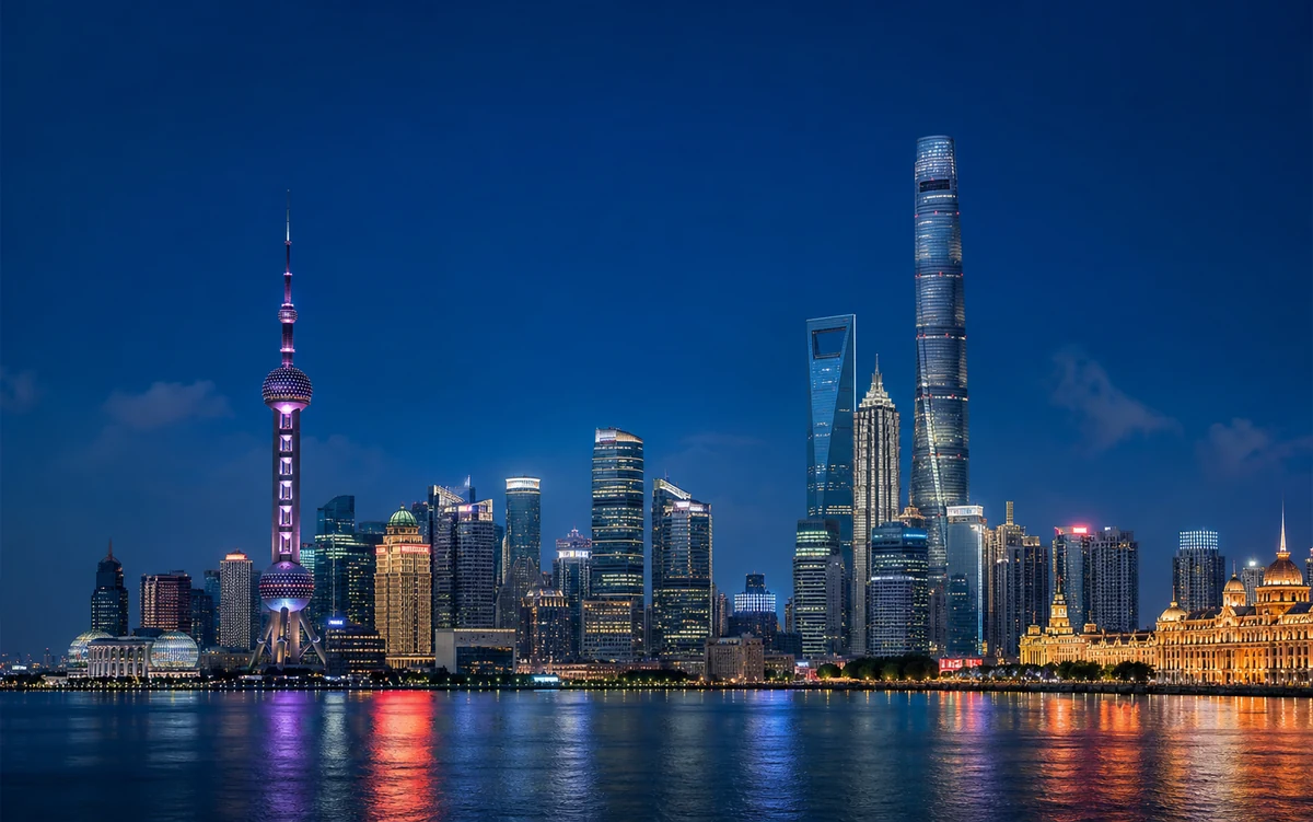 The complete Pudong skyline and historic Bund across the Huangpu River