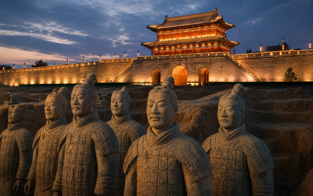 Terracotta warriors and Xi'an City Wall at blue hour