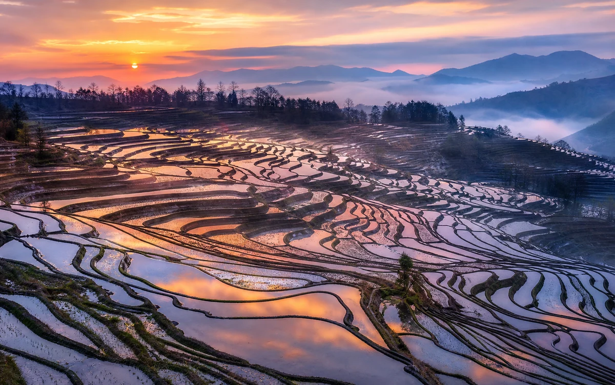 Flooded Yuanyang rice terraces reflecting sunrise